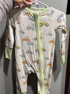 Baby Bamboo Tractor Print Zip-Front One-Piece Pajamas - Green Trim